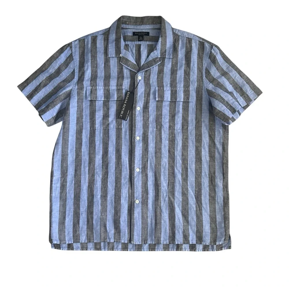 BANANA REPUBLIC Men's Resort Shirt Blue Striped Linen Short Sleeve‎ Beach Large